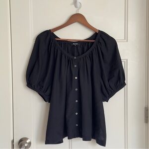 Madewell Black Button-Up Puff Sleeve Cotton Blend Blouse